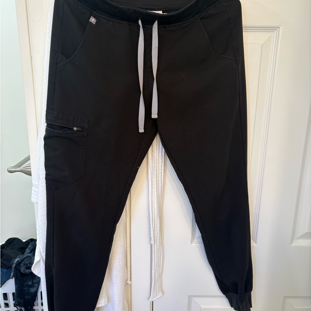 Figs Black Jogger scrubs with Gray Drawstring